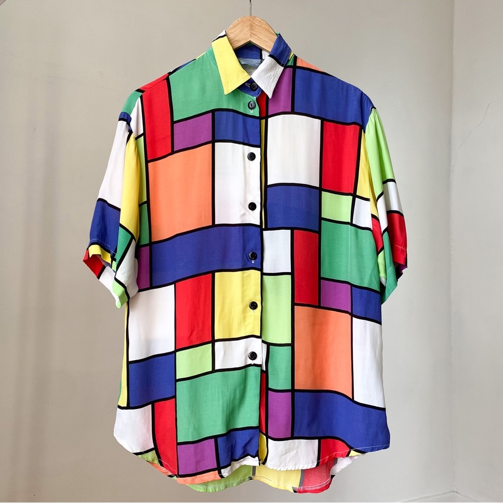 80s Vintage Colourful Geometric Print Mondrian Short Sleeves Button Down Shirt